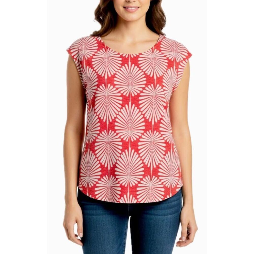 Joie Linen Beach Top Womens Medium Cap Sleeve Floral Summer Red White Fern